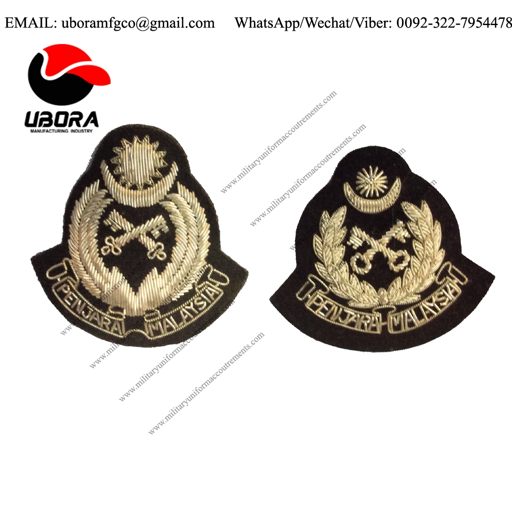 MALAYSIAN PENJARA WIRED BADGE, SILVER BULLION WIRE HAND EMBROIDERY CAP BADGES INSIGNIA CREST EMBLEM 